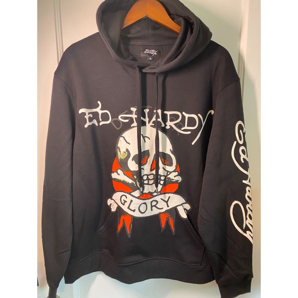 Ed Hardy Black Hoodie Glory Large Skull Graphic Men's XL NWT